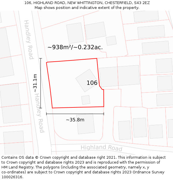 106, HIGHLAND ROAD, NEW WHITTINGTON, CHESTERFIELD, S43 2EZ: Plot and title map