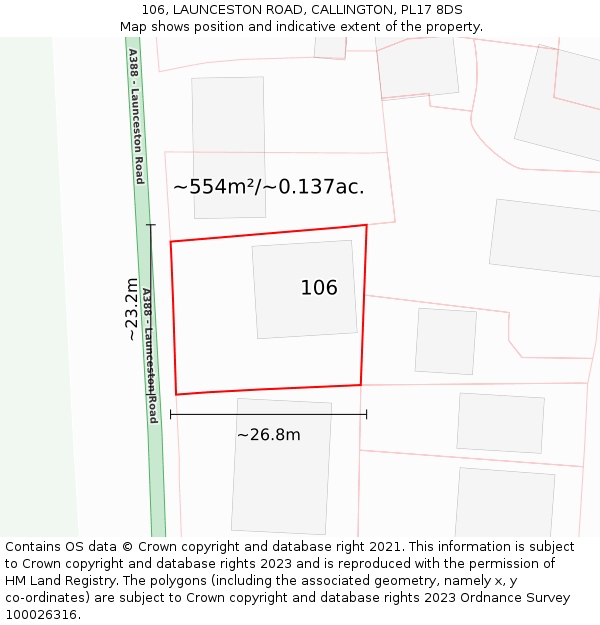 106, LAUNCESTON ROAD, CALLINGTON, PL17 8DS: Plot and title map