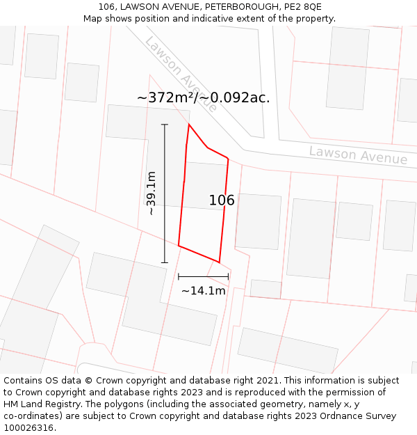 106, LAWSON AVENUE, PETERBOROUGH, PE2 8QE: Plot and title map