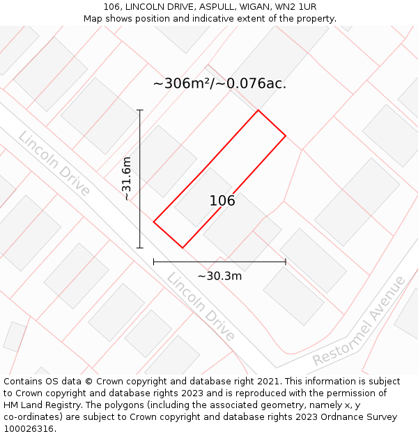 106, LINCOLN DRIVE, ASPULL, WIGAN, WN2 1UR: Plot and title map