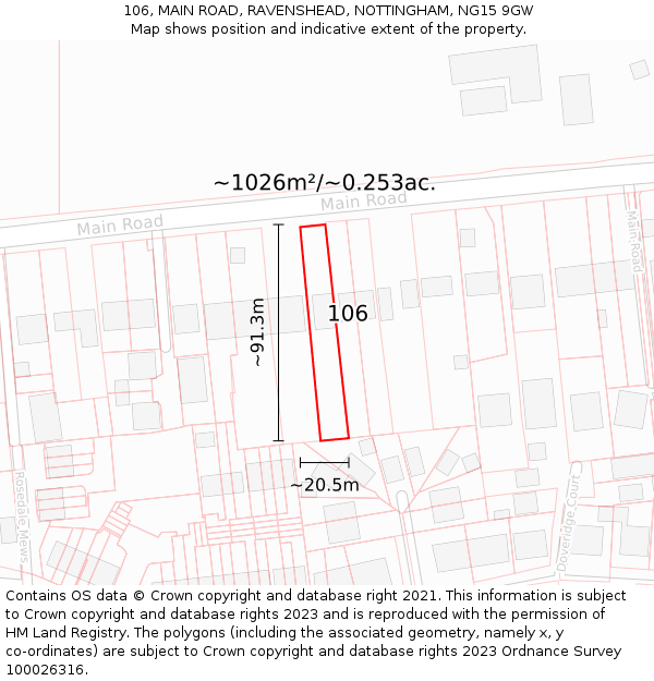 106, MAIN ROAD, RAVENSHEAD, NOTTINGHAM, NG15 9GW: Plot and title map