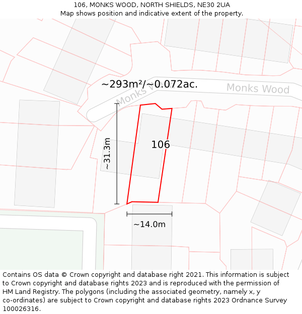 106, MONKS WOOD, NORTH SHIELDS, NE30 2UA: Plot and title map
