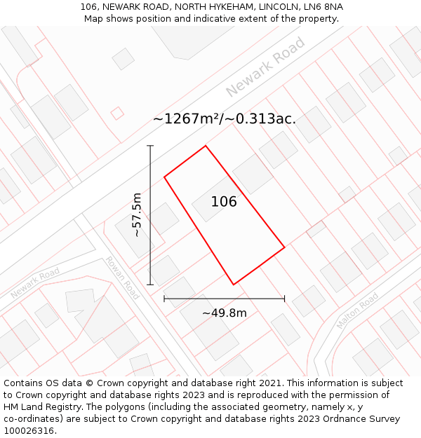 106, NEWARK ROAD, NORTH HYKEHAM, LINCOLN, LN6 8NA: Plot and title map