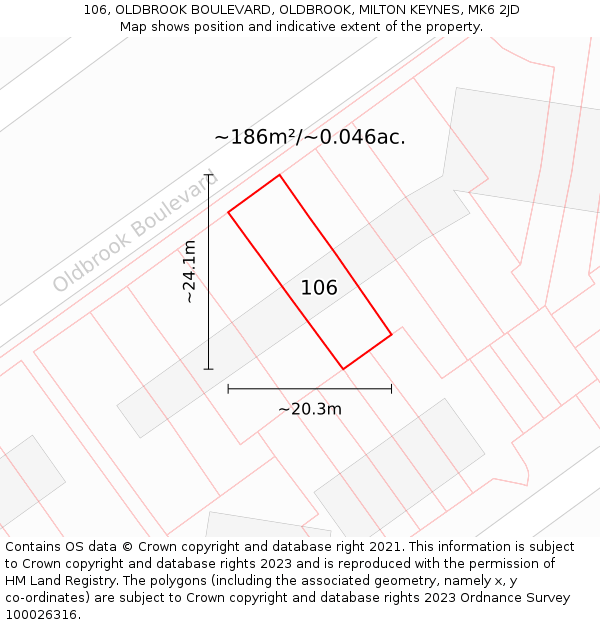 106, OLDBROOK BOULEVARD, OLDBROOK, MILTON KEYNES, MK6 2JD: Plot and title map
