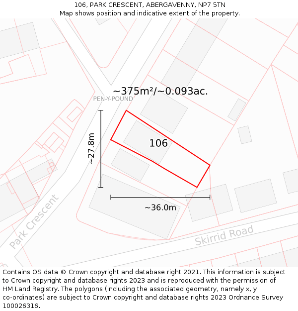 106, PARK CRESCENT, ABERGAVENNY, NP7 5TN: Plot and title map