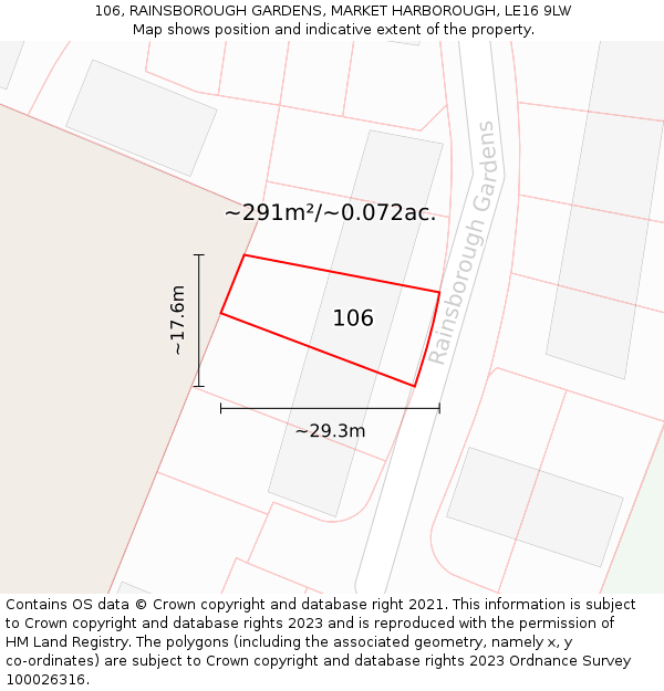 106, RAINSBOROUGH GARDENS, MARKET HARBOROUGH, LE16 9LW: Plot and title map