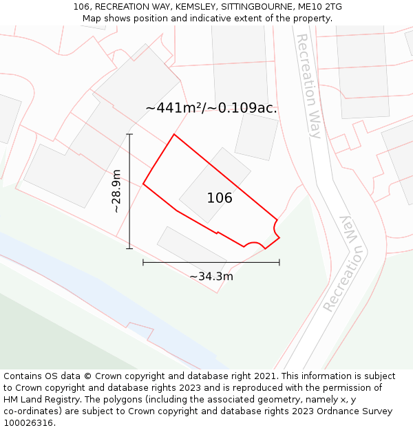 106, RECREATION WAY, KEMSLEY, SITTINGBOURNE, ME10 2TG: Plot and title map
