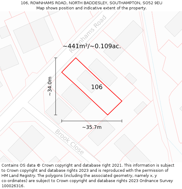 106, ROWNHAMS ROAD, NORTH BADDESLEY, SOUTHAMPTON, SO52 9EU: Plot and title map