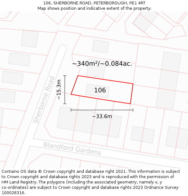 106, SHERBORNE ROAD, PETERBOROUGH, PE1 4RT: Plot and title map