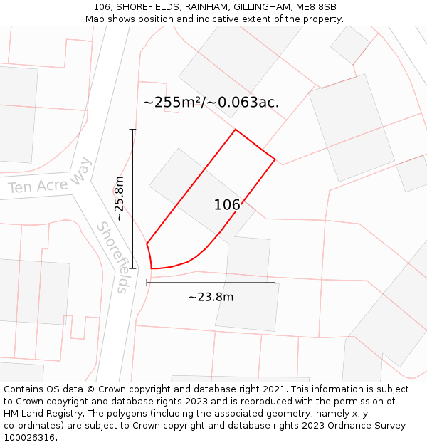106, SHOREFIELDS, RAINHAM, GILLINGHAM, ME8 8SB: Plot and title map