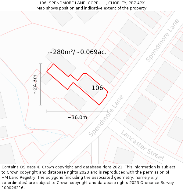 106, SPENDMORE LANE, COPPULL, CHORLEY, PR7 4PX: Plot and title map