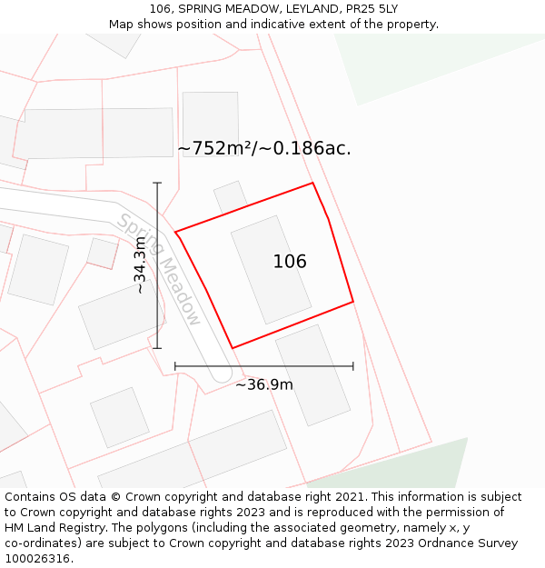 106, SPRING MEADOW, LEYLAND, PR25 5LY: Plot and title map