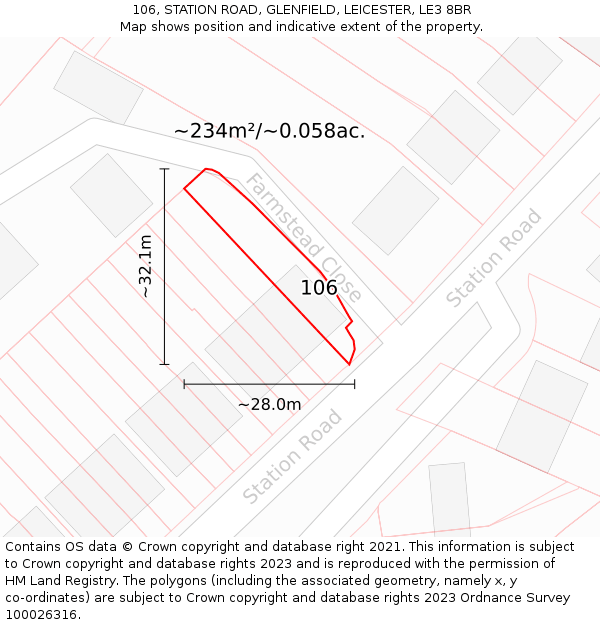 106, STATION ROAD, GLENFIELD, LEICESTER, LE3 8BR: Plot and title map