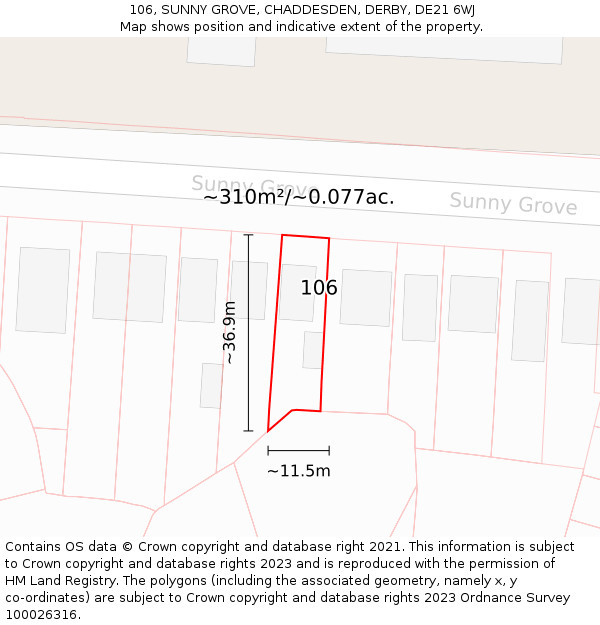 106, SUNNY GROVE, CHADDESDEN, DERBY, DE21 6WJ: Plot and title map