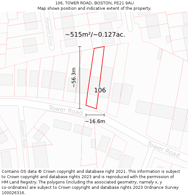 106, TOWER ROAD, BOSTON, PE21 9AU: Plot and title map
