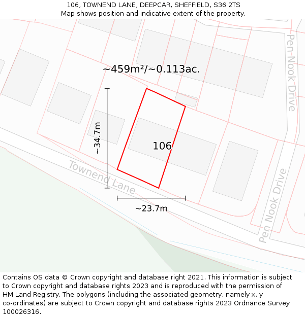 106, TOWNEND LANE, DEEPCAR, SHEFFIELD, S36 2TS: Plot and title map