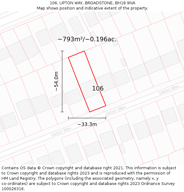 106, UPTON WAY, BROADSTONE, BH18 9NA: Plot and title map