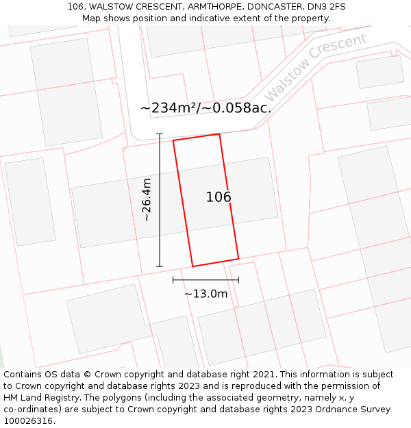 106, WALSTOW CRESCENT, ARMTHORPE, DONCASTER, DN3 2FS: Plot and title map
