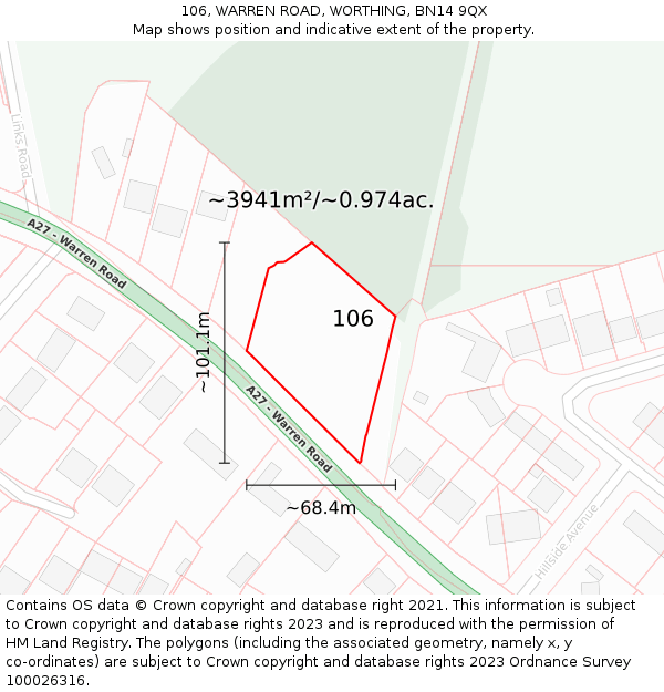 106, WARREN ROAD, WORTHING, BN14 9QX: Plot and title map