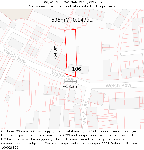 106, WELSH ROW, NANTWICH, CW5 5EY: Plot and title map
