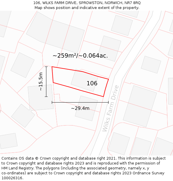 106, WILKS FARM DRIVE, SPROWSTON, NORWICH, NR7 8RQ: Plot and title map