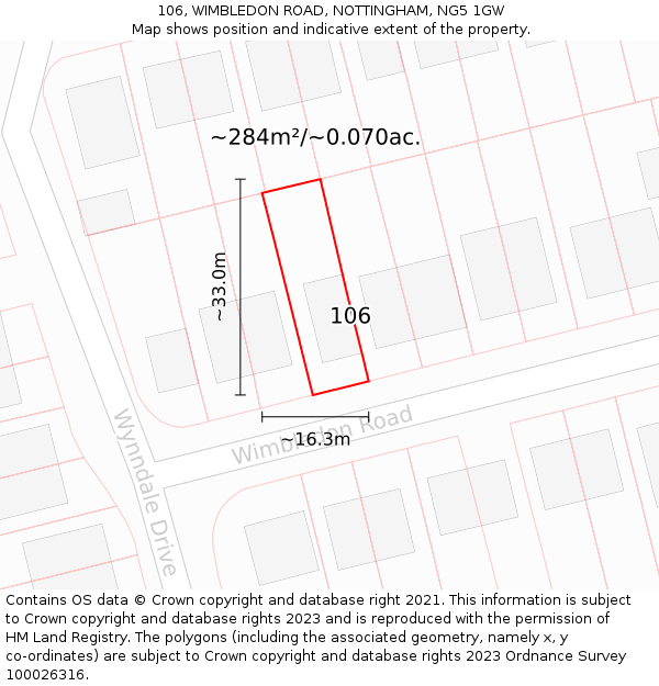 106, WIMBLEDON ROAD, NOTTINGHAM, NG5 1GW: Plot and title map