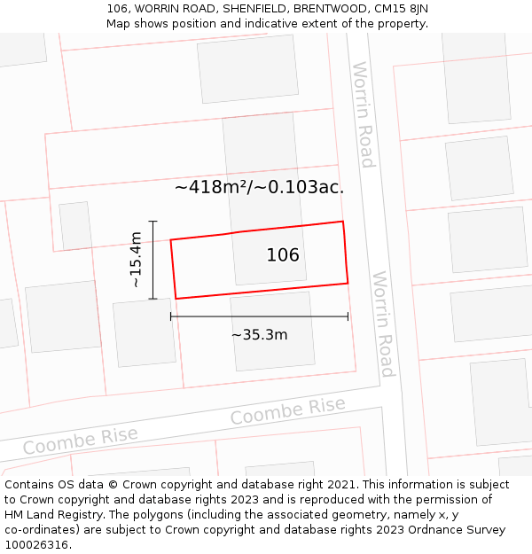 106, WORRIN ROAD, SHENFIELD, BRENTWOOD, CM15 8JN: Plot and title map