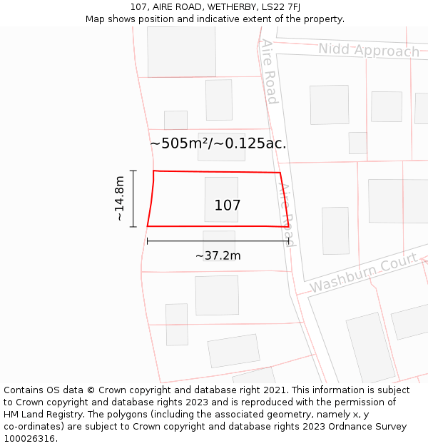 107, AIRE ROAD, WETHERBY, LS22 7FJ: Plot and title map
