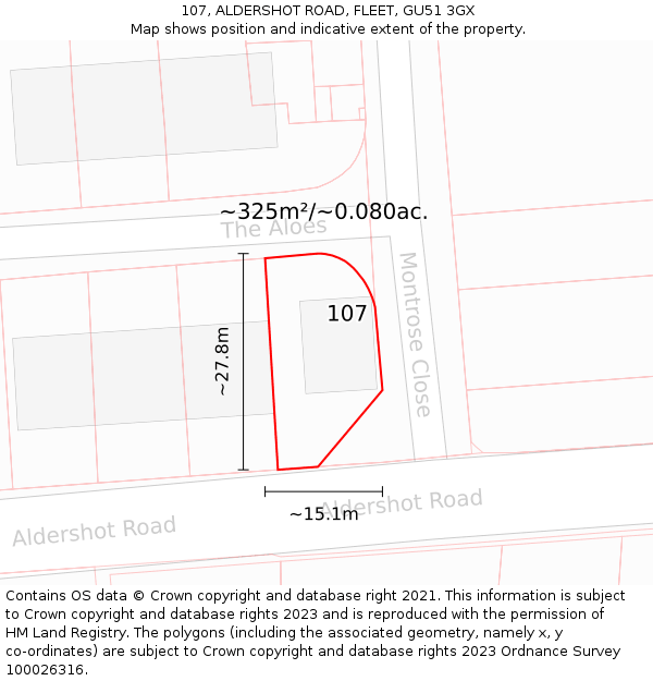 107, ALDERSHOT ROAD, FLEET, GU51 3GX: Plot and title map