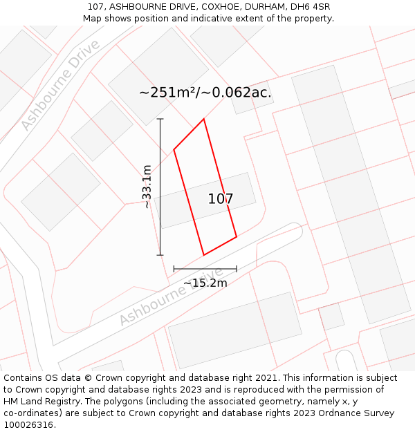 107, ASHBOURNE DRIVE, COXHOE, DURHAM, DH6 4SR: Plot and title map