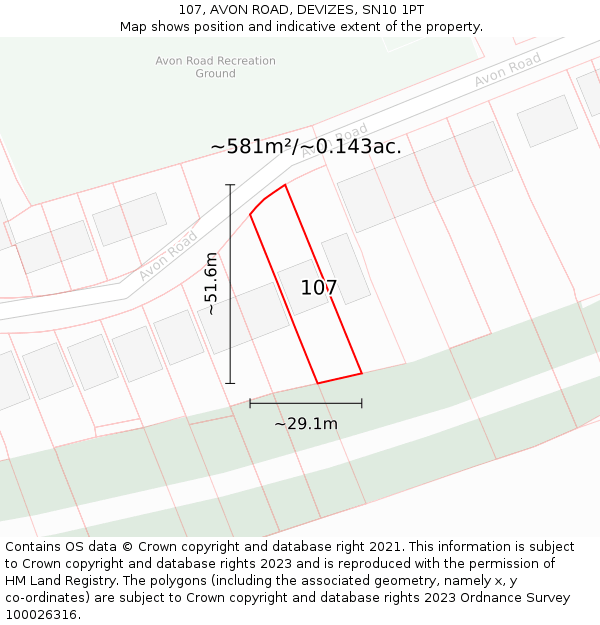 107, AVON ROAD, DEVIZES, SN10 1PT: Plot and title map