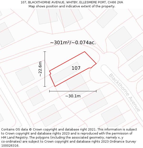 107, BLACKTHORNE AVENUE, WHITBY, ELLESMERE PORT, CH66 2XA: Plot and title map