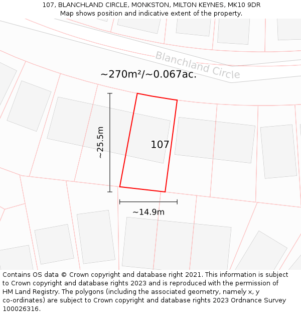 107, BLANCHLAND CIRCLE, MONKSTON, MILTON KEYNES, MK10 9DR: Plot and title map