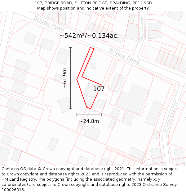 107, BRIDGE ROAD, SUTTON BRIDGE, SPALDING, PE12 9SD: Plot and title map