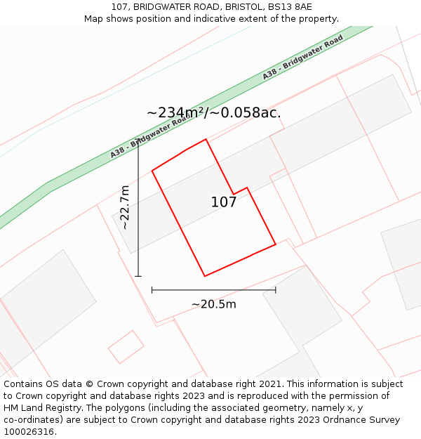 107, BRIDGWATER ROAD, BRISTOL, BS13 8AE: Plot and title map