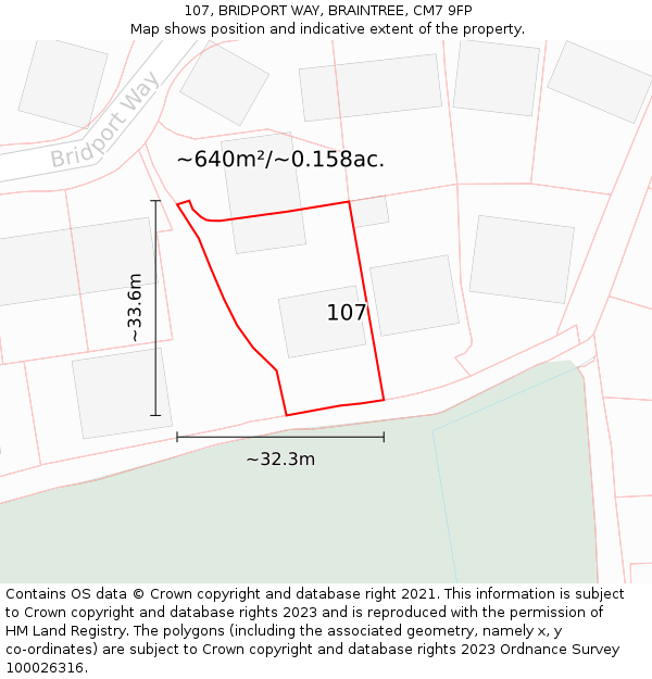 107, BRIDPORT WAY, BRAINTREE, CM7 9FP: Plot and title map