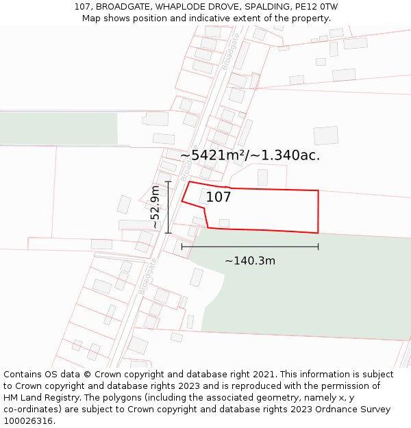 107, BROADGATE, WHAPLODE DROVE, SPALDING, PE12 0TW: Plot and title map