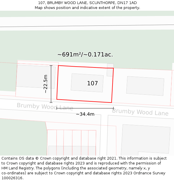 107, BRUMBY WOOD LANE, SCUNTHORPE, DN17 1AD: Plot and title map