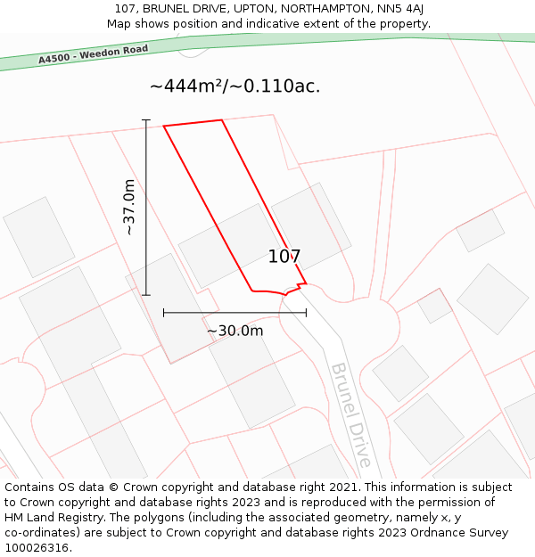 107, BRUNEL DRIVE, UPTON, NORTHAMPTON, NN5 4AJ: Plot and title map
