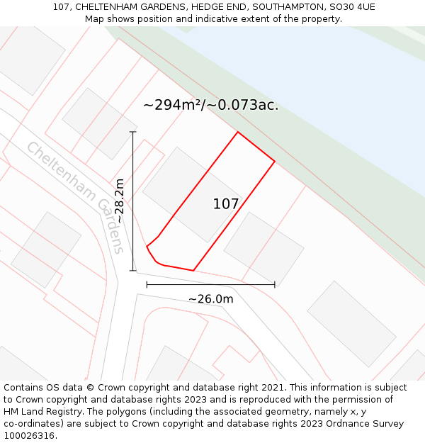 107, CHELTENHAM GARDENS, HEDGE END, SOUTHAMPTON, SO30 4UE: Plot and title map