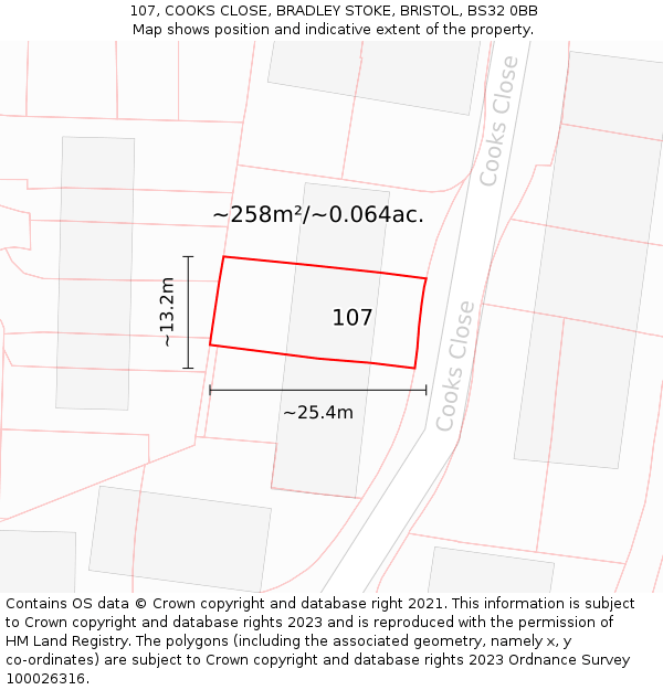 107, COOKS CLOSE, BRADLEY STOKE, BRISTOL, BS32 0BB: Plot and title map