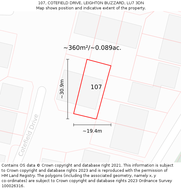 107, COTEFIELD DRIVE, LEIGHTON BUZZARD, LU7 3DN: Plot and title map