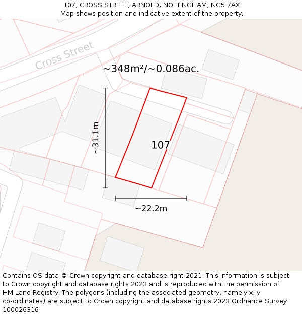 107, CROSS STREET, ARNOLD, NOTTINGHAM, NG5 7AX: Plot and title map