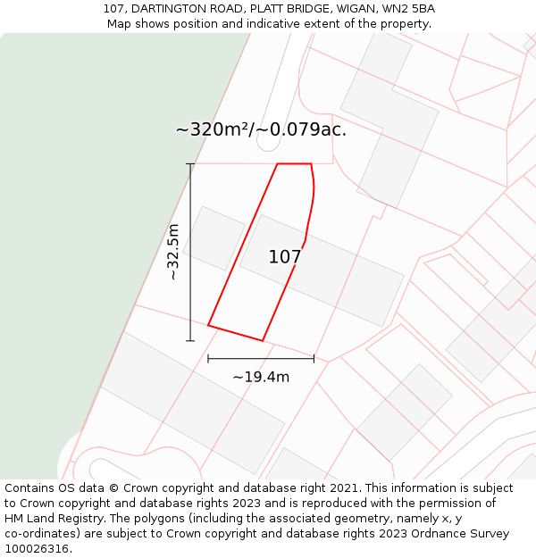 107, DARTINGTON ROAD, PLATT BRIDGE, WIGAN, WN2 5BA: Plot and title map