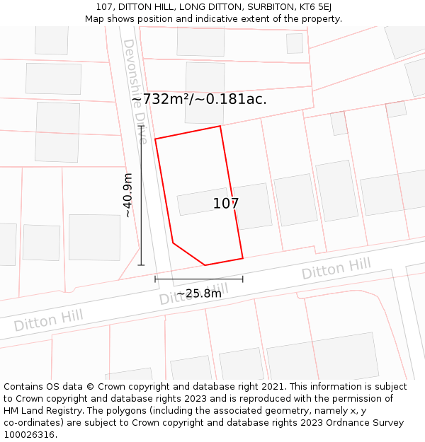 107, DITTON HILL, LONG DITTON, SURBITON, KT6 5EJ: Plot and title map