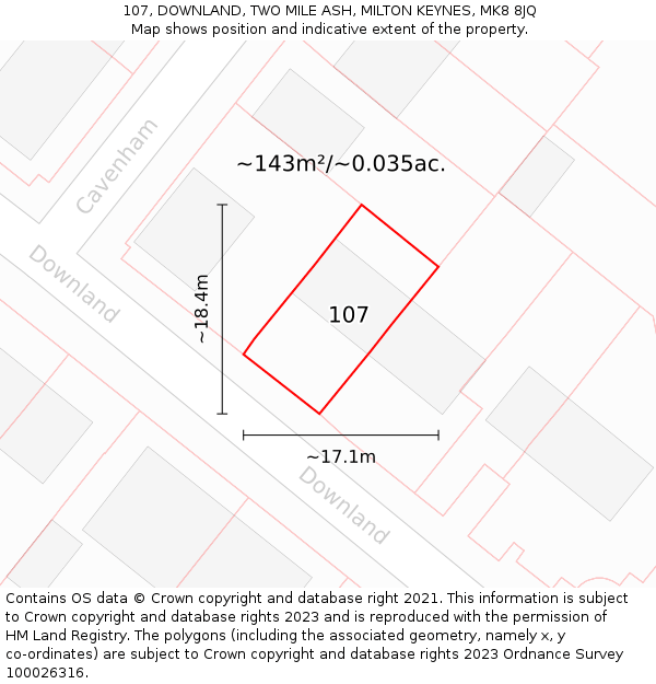 107, DOWNLAND, TWO MILE ASH, MILTON KEYNES, MK8 8JQ: Plot and title map