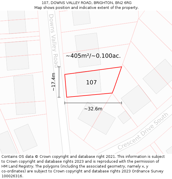 107, DOWNS VALLEY ROAD, BRIGHTON, BN2 6RG: Plot and title map