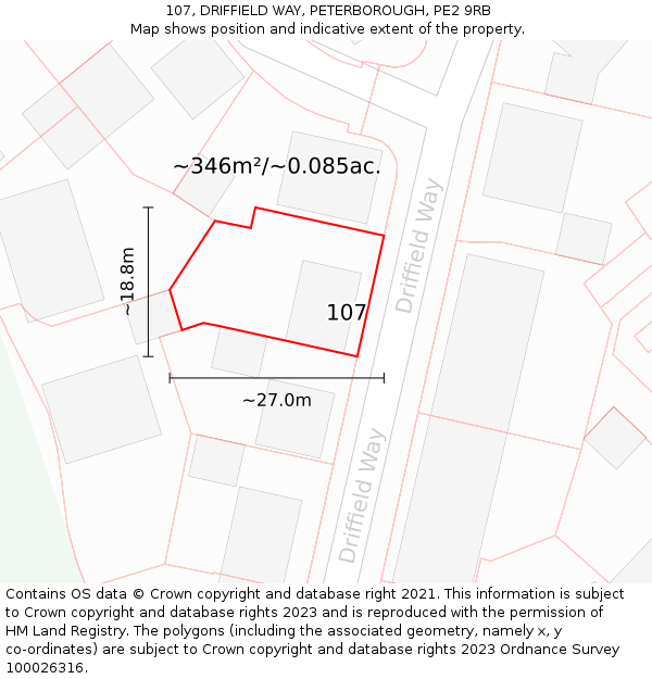 107, DRIFFIELD WAY, PETERBOROUGH, PE2 9RB: Plot and title map
