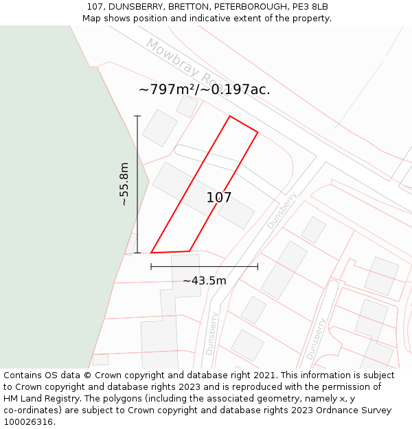 107, DUNSBERRY, BRETTON, PETERBOROUGH, PE3 8LB: Plot and title map