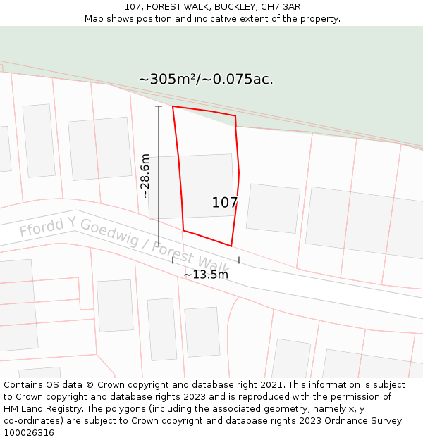 107, FOREST WALK, BUCKLEY, CH7 3AR: Plot and title map